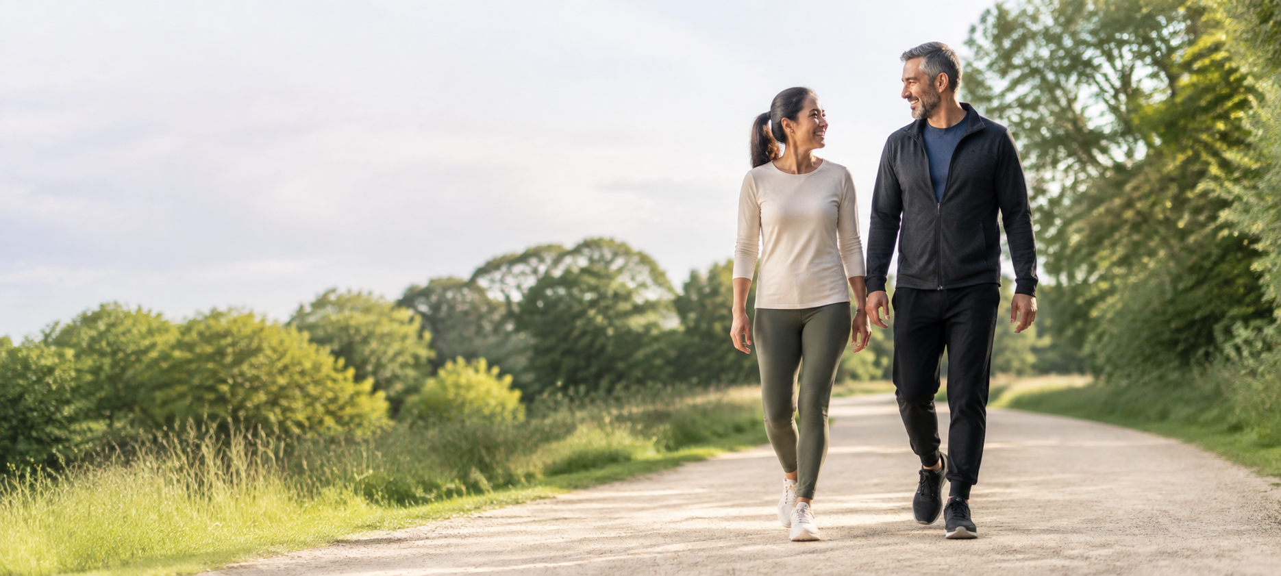 Hombre y mujer caminando con seguridad y fluidez